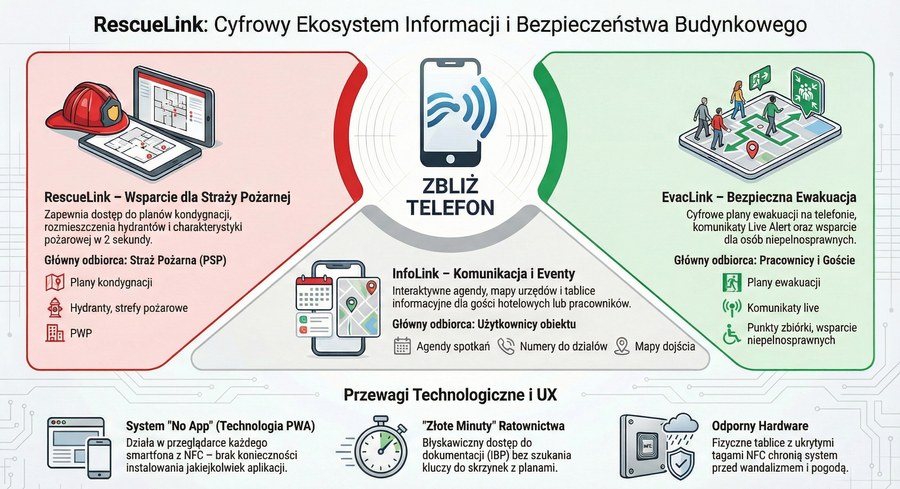 RescueLink: Cyfrowy Ekosystem Informacji i Bezpieczeństwa Budynkowego — schemat modułów RescueLink, InfoLink i EvacLink