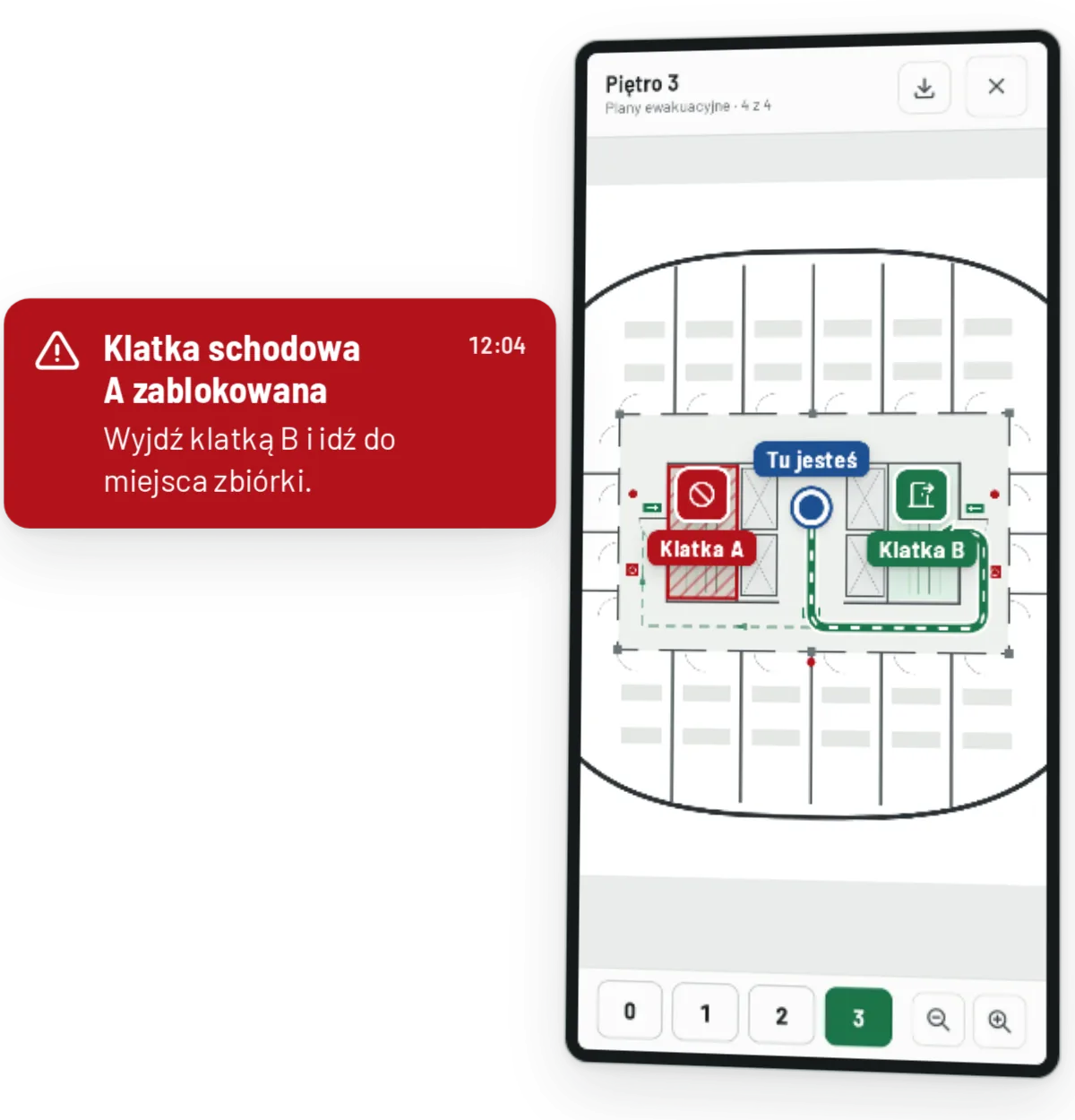 Telefon przyłożony do tablicy EvacLink pokazuje komunikat na żywo „Klatka schodowa A zablokowana” i plan piętra z oznaczeniem „Tu jesteś”, zablokowaną klatką A i drogą do klatki B