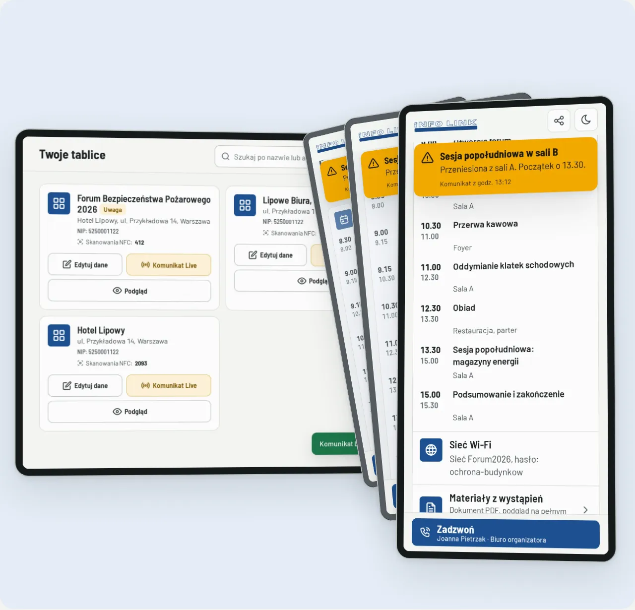 Panel organizatora z zapisanym komunikatem i trzy telefony uczestników, w których ten sam komunikat „Sesja popołudniowa w sali B” pojawił się na górze tablicy InfoLink